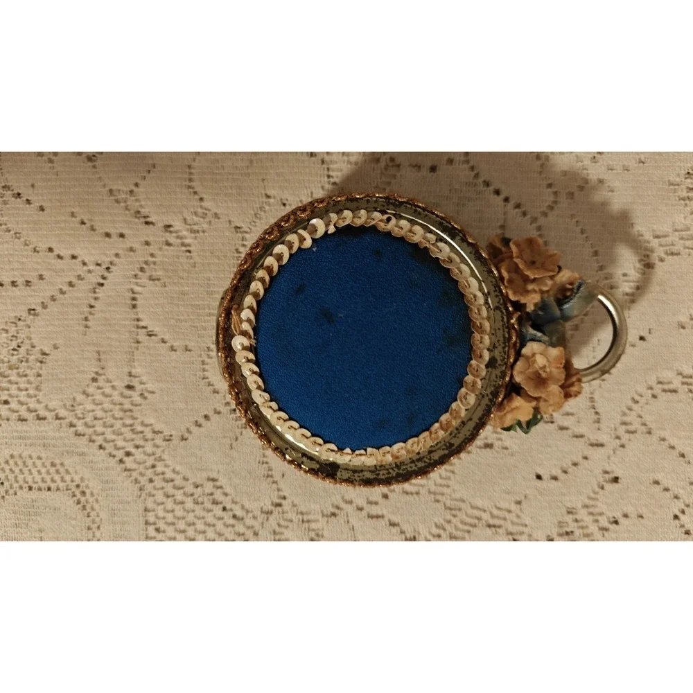 Vintage Blue  Pincushion With Gold Trim & Flowers